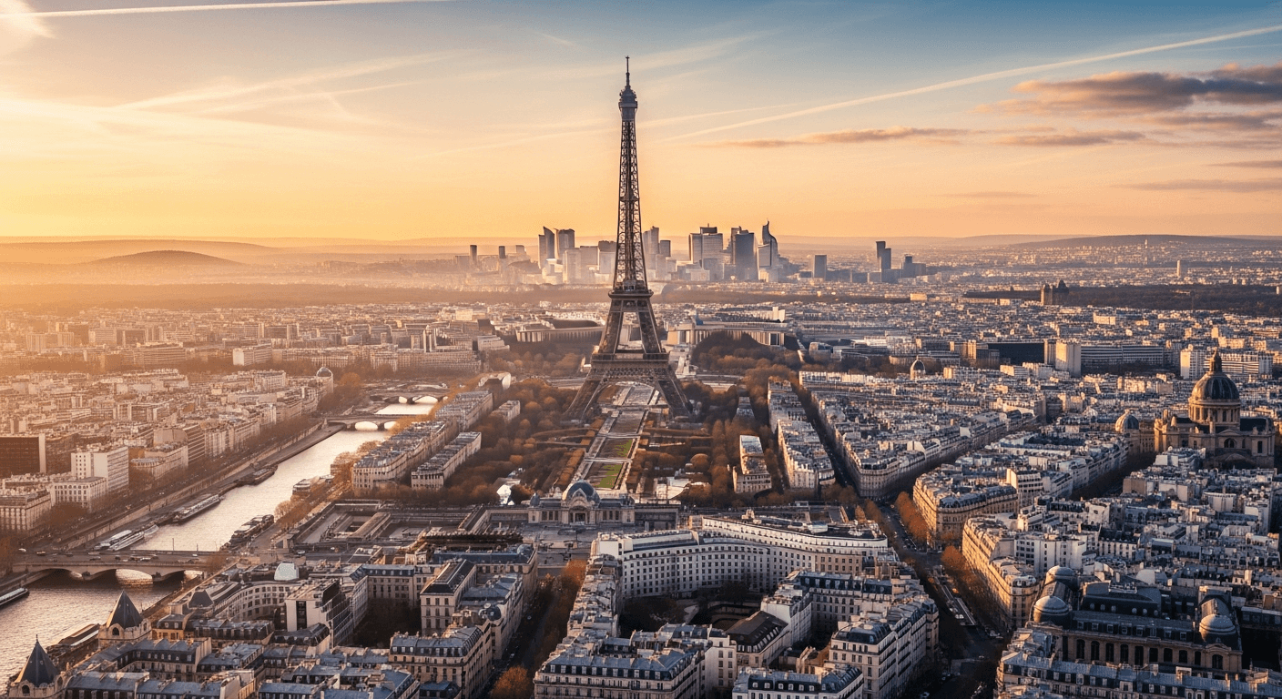 Paris aerial view during golden hour